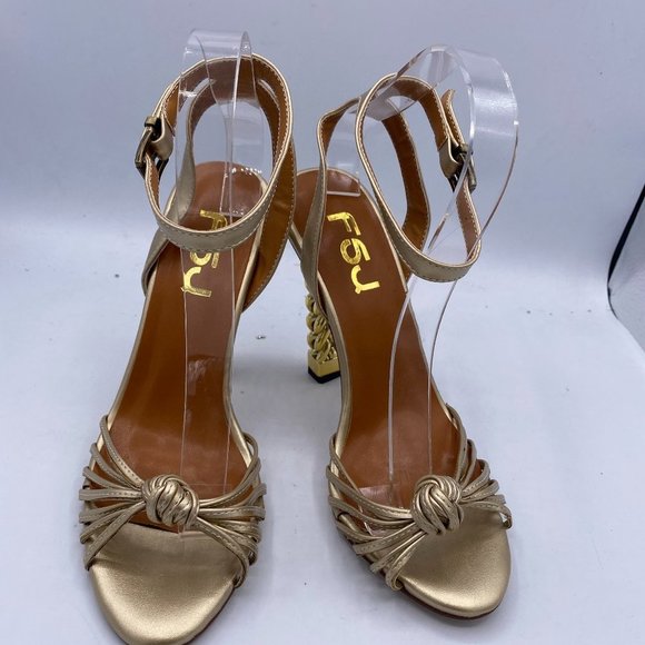 FSJ Bows Open Toe Sandals Gold Block Heels New Size 8 - Picture 2 of 8